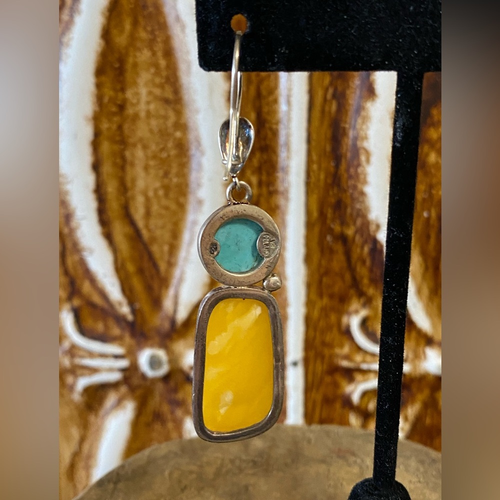 Vintage Turquoise and Butterscotch Amber Sterling Earrings - Picture 7 of 9